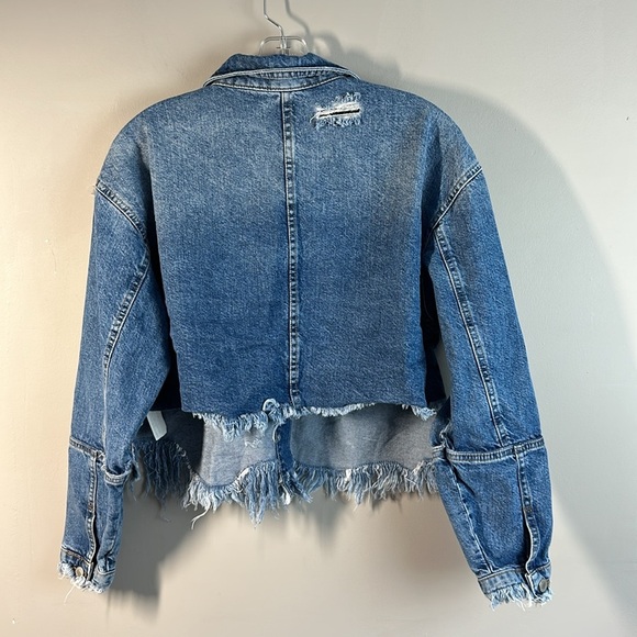 Zara Womens Distressed Denim Medium Wash High Low Jean Jacket Size Small Western - Picture 6 of 16
